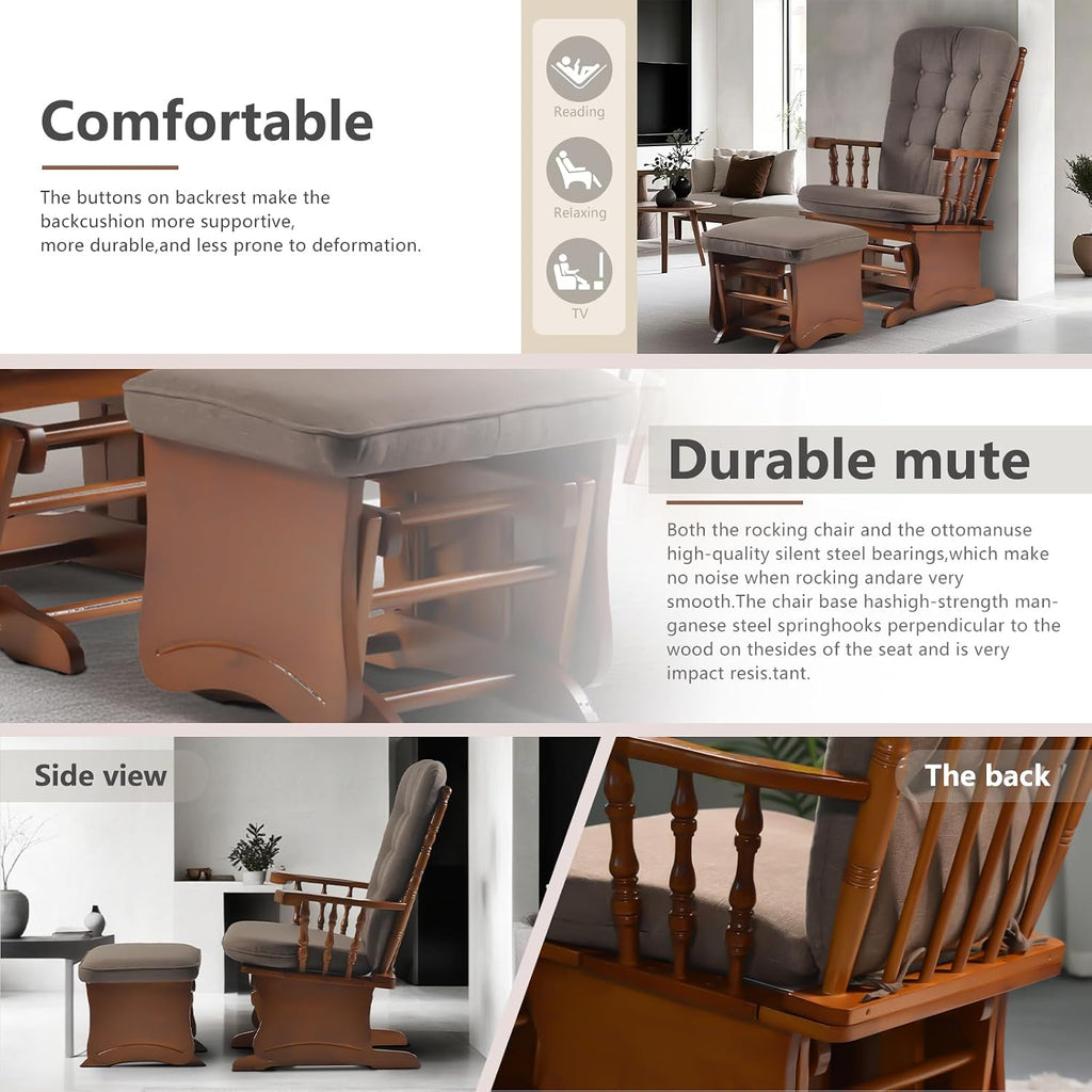 Anti-Pinch Glider Chair with Ottoman, Antique Espresso | Solid wood glider rocker with high back cushion, anti-pinch