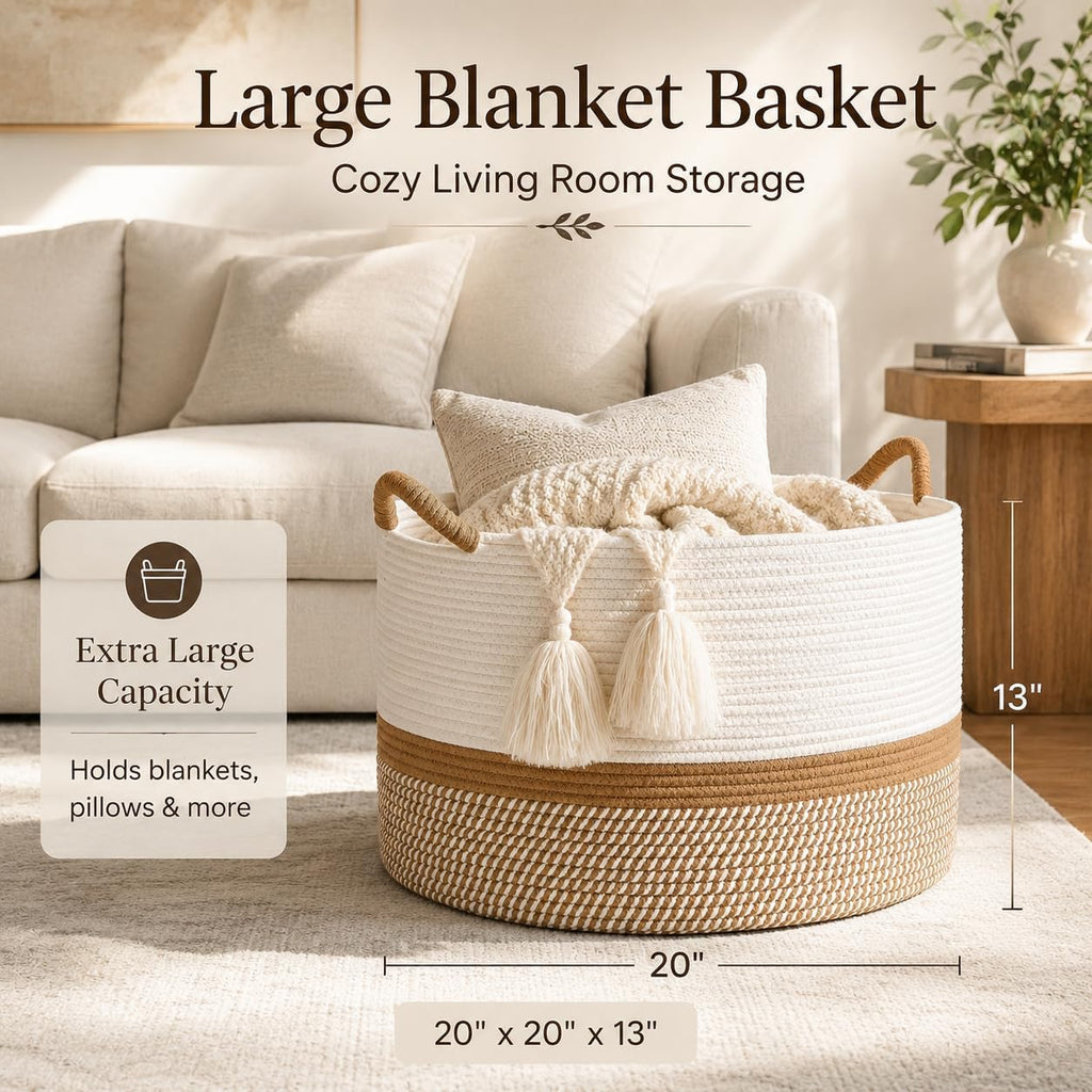 Large Blanket Basket with Handles, Storage Basket | Extra Large Capacity | Blanket Storage | Laundry Basket | Natural