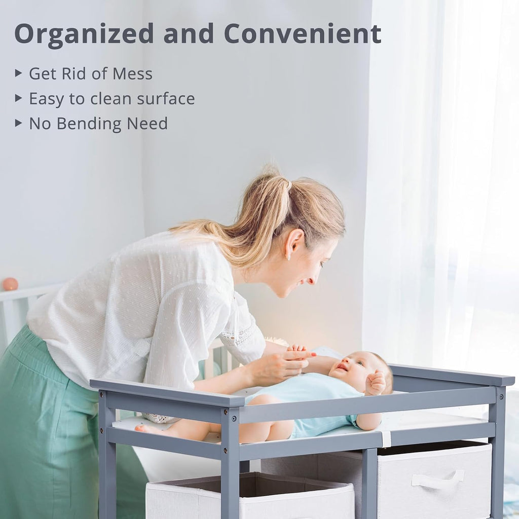 Modern Baby Changing Table with Laundry Hamper & 3 Drawers - Solid Wood Nursery Dresser Supports 40 Lbs, with Safety