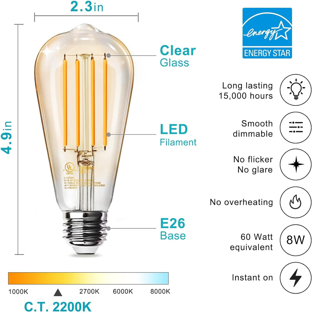 6 Pack Vintage 8W ST58 LED Edison Amber Light Bulbs, 60W Equivalent, 800 Lumens, 2200K Soft White, Dimmable, E26 Base