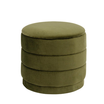Round Storage Ottoman, 15.4" Velvet Footstool, Olive Green
