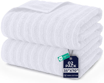 Ribbed Extra Large Bath Sheets Pack of 2, 35 x 70 Inches, White | Oversized Bath Sheets with Full Body Coverage