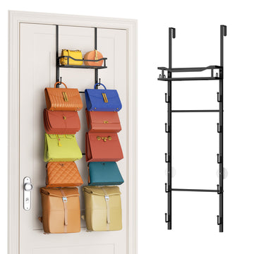 Over The Door Purse Organizer - Wall Mounted Purse Rack with 10 Hooks and Metal Basket, Handbag Hanger Organizer