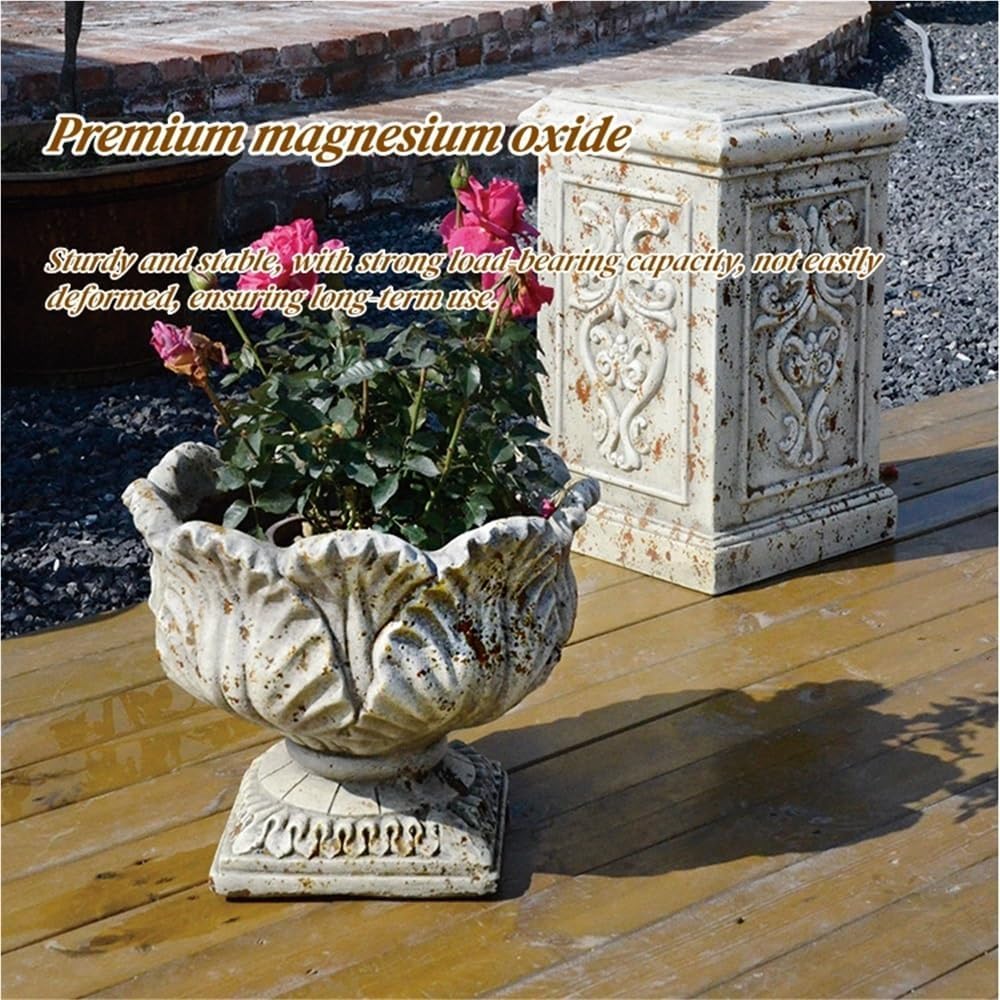 Outdoor Magnesium Oxide Urn Planter, Retro Distressed Flower Pots | Pedestal Planter with Embossed Design
