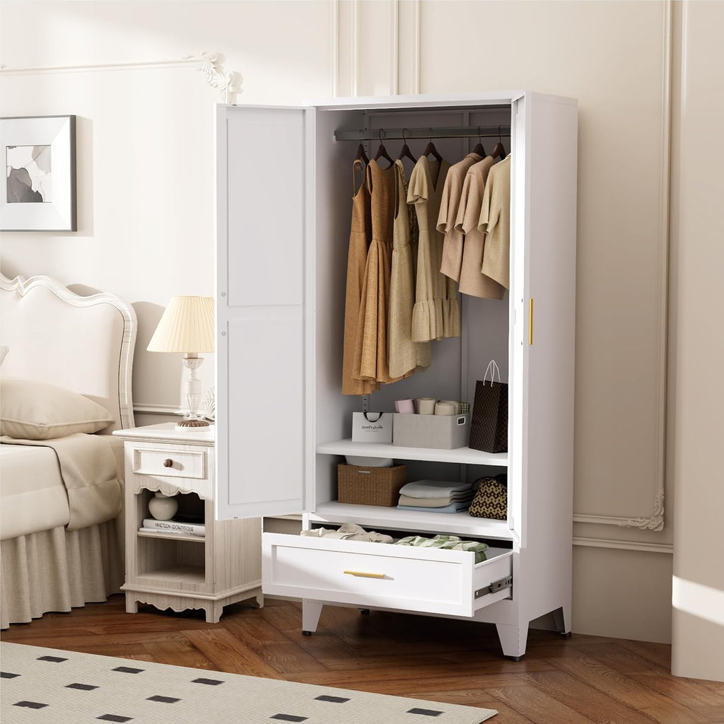 Metal Wardrobe Closet , 71" Freestanding Armoire Wardrobe with Drawer and Shelf, Hanging Rod Clothing Storage Cabinet