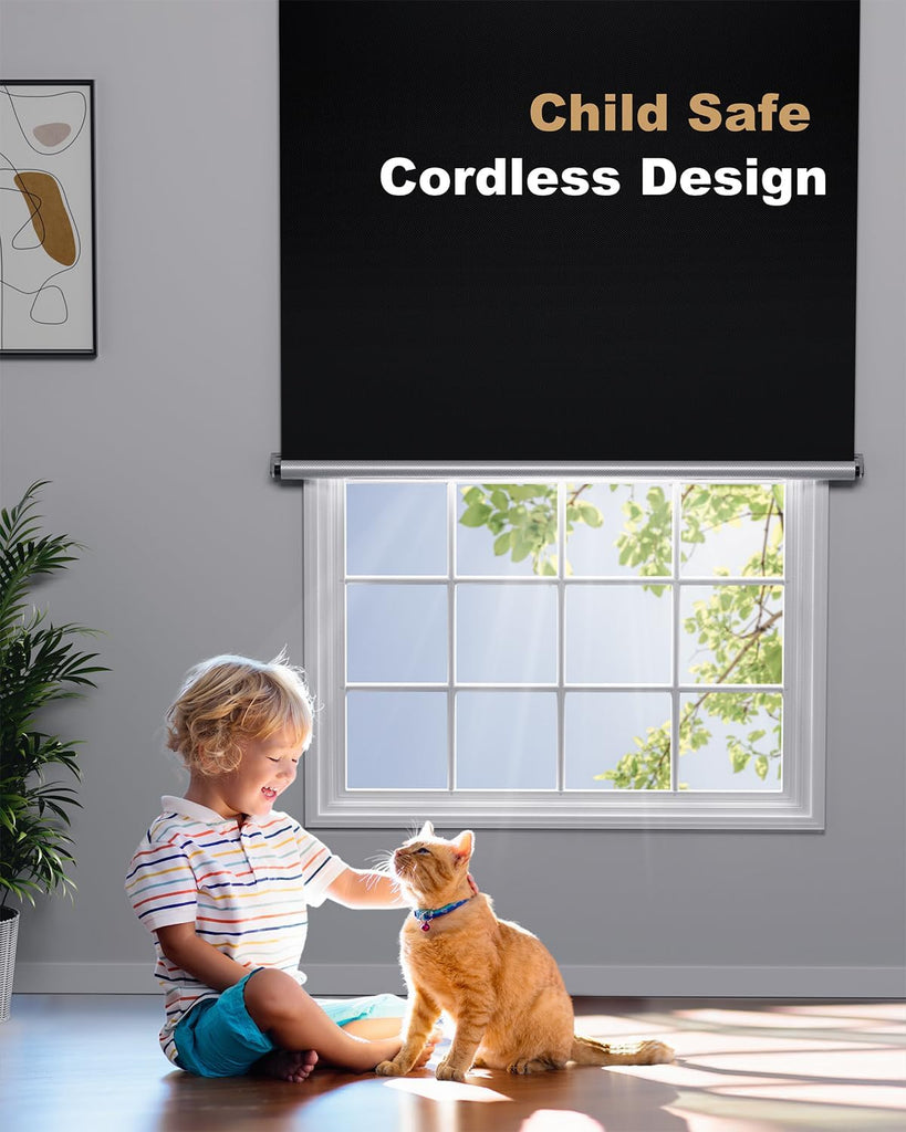100% Blackout Roller Shades, Cordless No Tools No Drill Blinds Windows, Thermal Insulation UV Protection, Easy