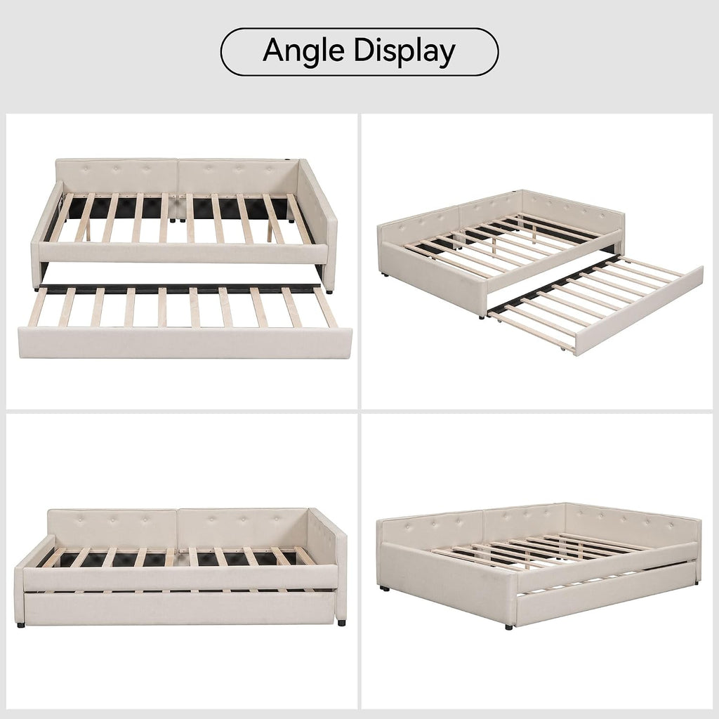 Full Size Daybed with Storage and USB, Modern Cloud Bed Frame with Twin Size Trundle, Linen Upholstered Platform Bed