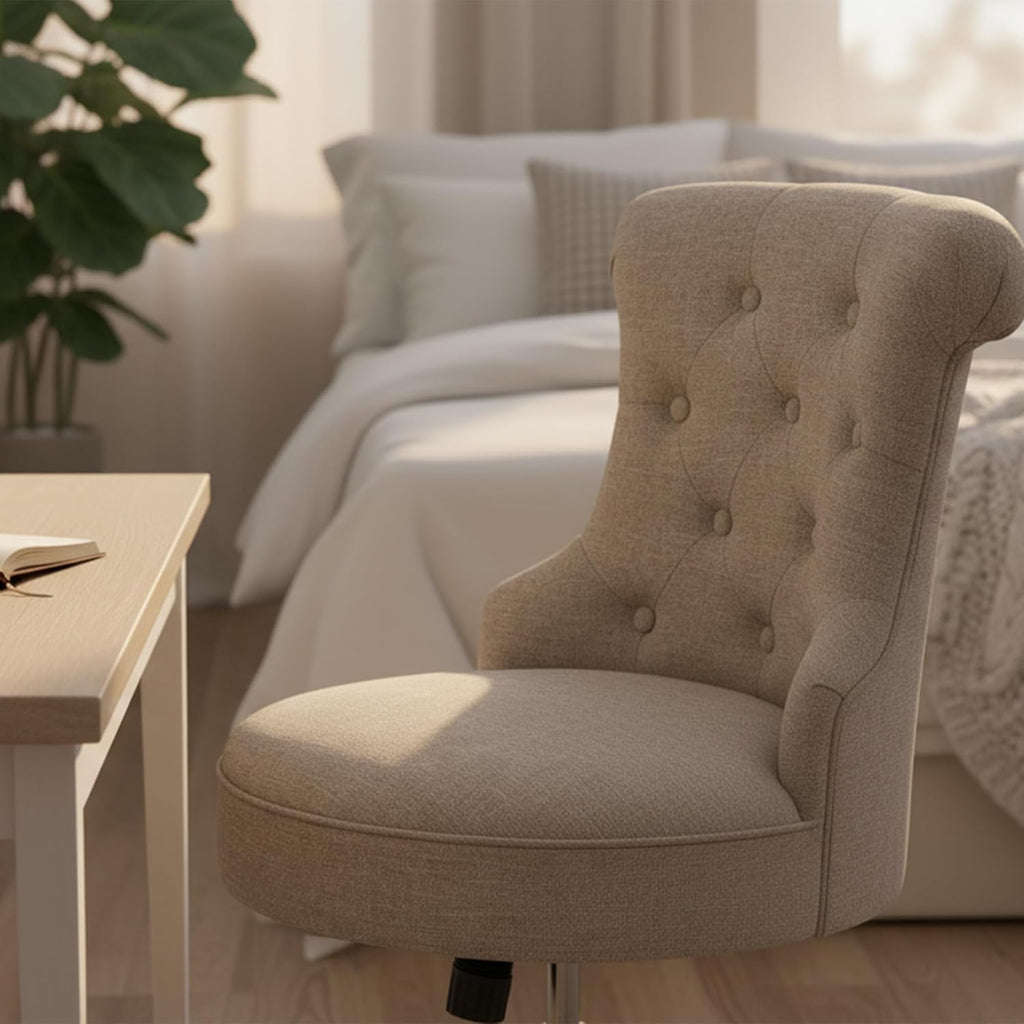Home Upholstered Armless Linen Fabric Desk Chair with Wheels Adjustable Height Computer Desk Chair with Wooden Legs