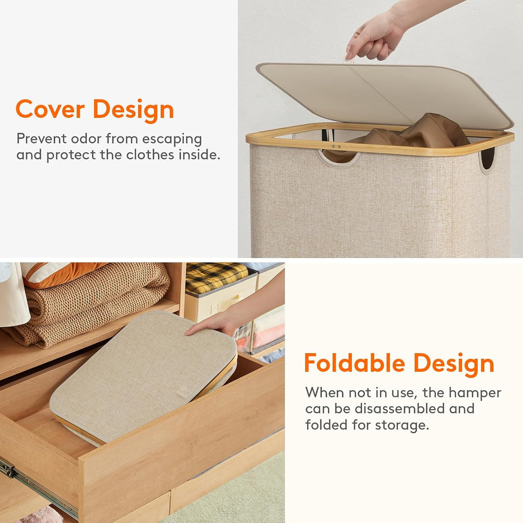 150L Laundry Basket with Lid, Clothes Hampers for Laundry with Bamboo Handles and 2 Removable Bag, Large Foldable