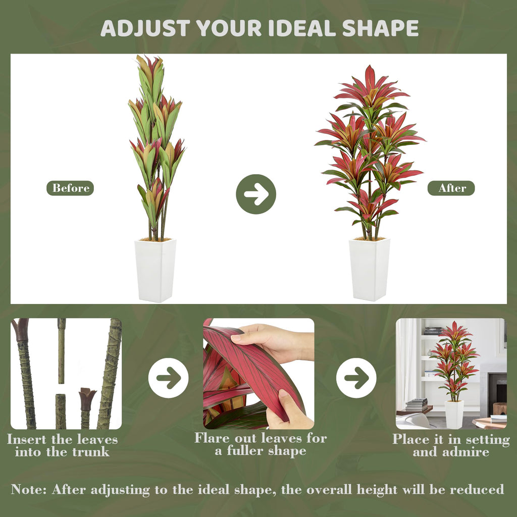 Artificial Red Dracaena Tree 6FT 114 Leaves & White Tall Planter