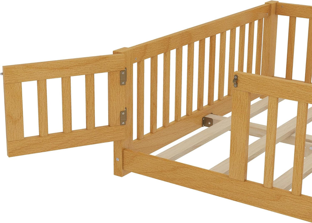 Full Size Montessori Floor Bed with Slats and Center Support Bar, Full Size Floor Bed with Door and Fence, Easy