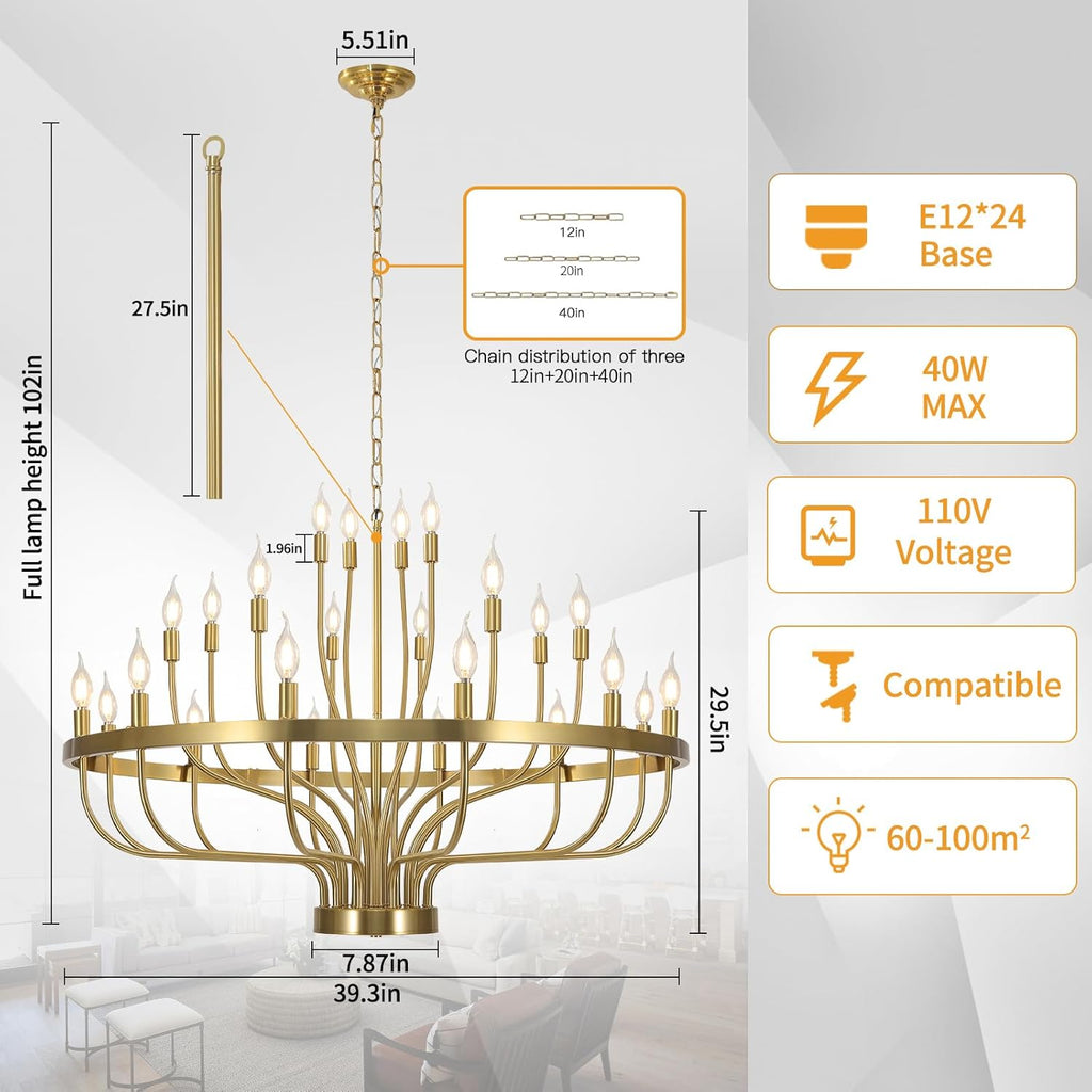 Gold Chandelier 24 Light Large Chandelier for High Ceilings, Farmhouse Wagon Wheel 39in 3-Tier for Dining Room, Hallway, Living Room, Foyer