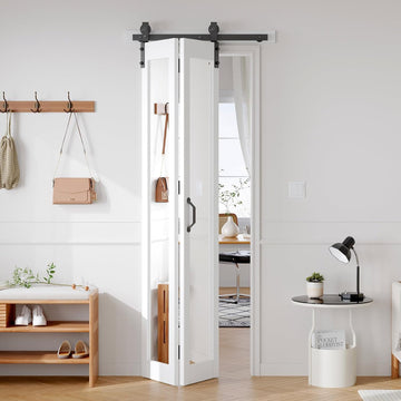 Bifold Barn Doors Double 15x84 with Mirror for Closet,White,Hardware Included