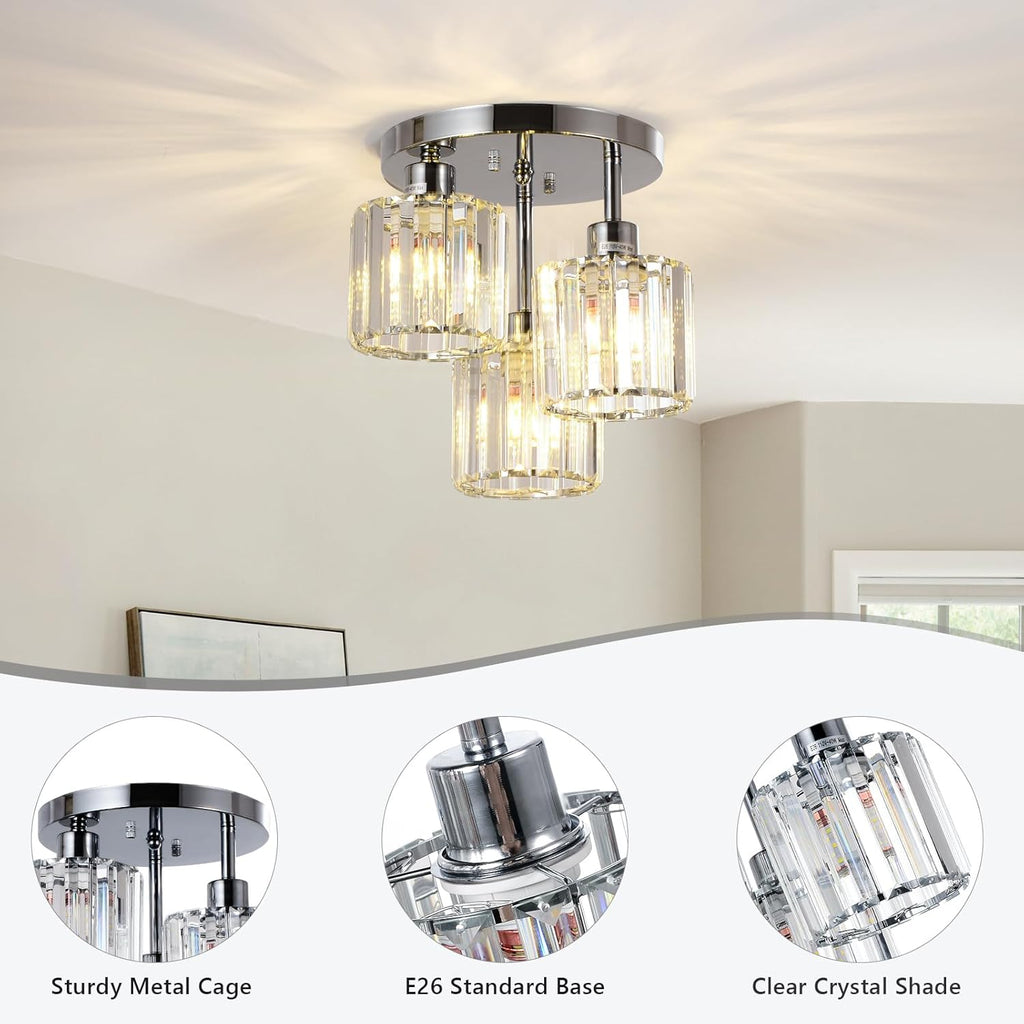 Semi Flush Mount Ceiling Light,3-Light Modern Close to Ceiling Light Fixtures,Kitchen Light with Clear Crystal