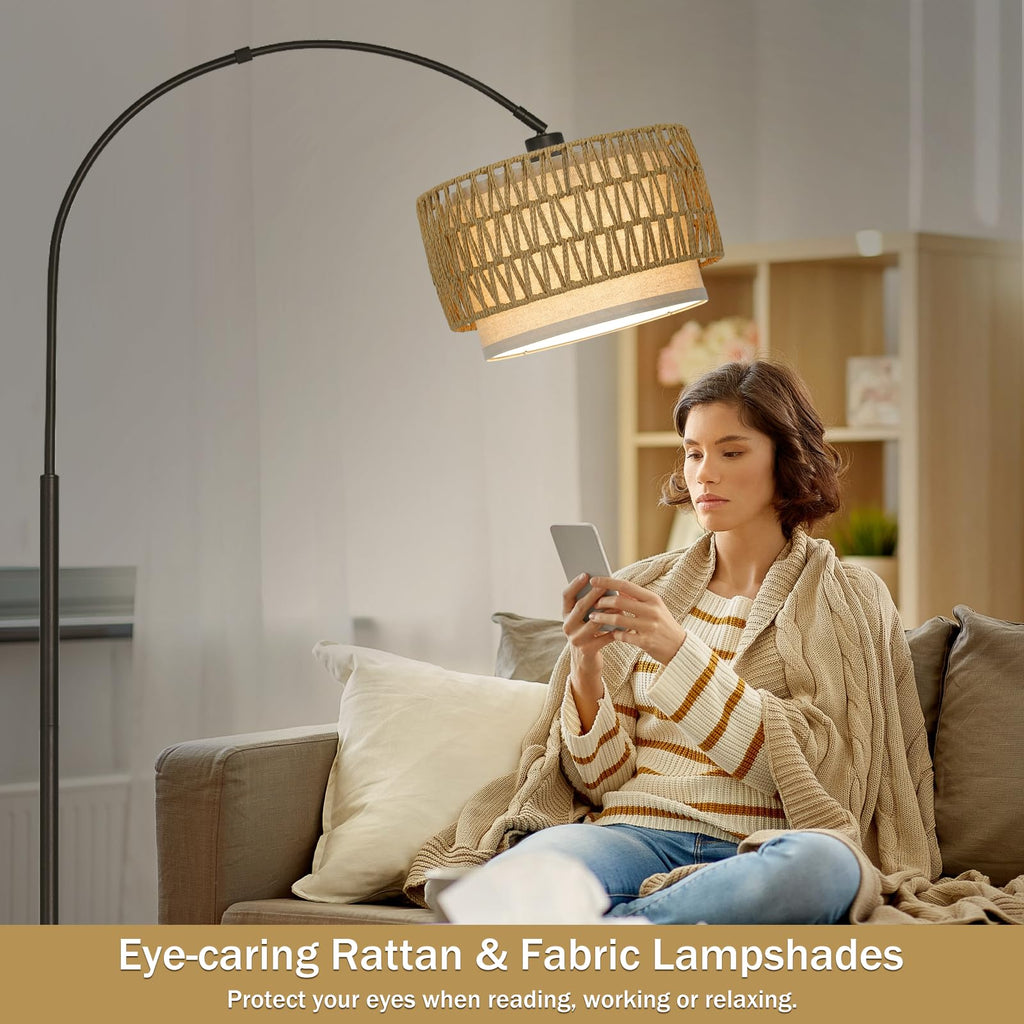 Rattan Floor Lamp, Dimmable Arc Floor Lamps with Adjustable Head