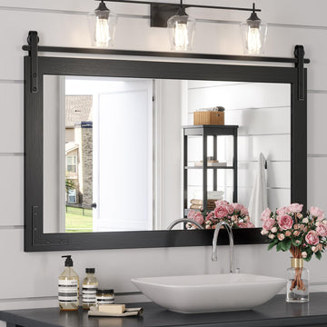 Farmhouse Mirror 41x26 Inch, Black Rustic Bathroom Mirror, Vanity Wood Framed Rectangular Wall Decorative Mirrors