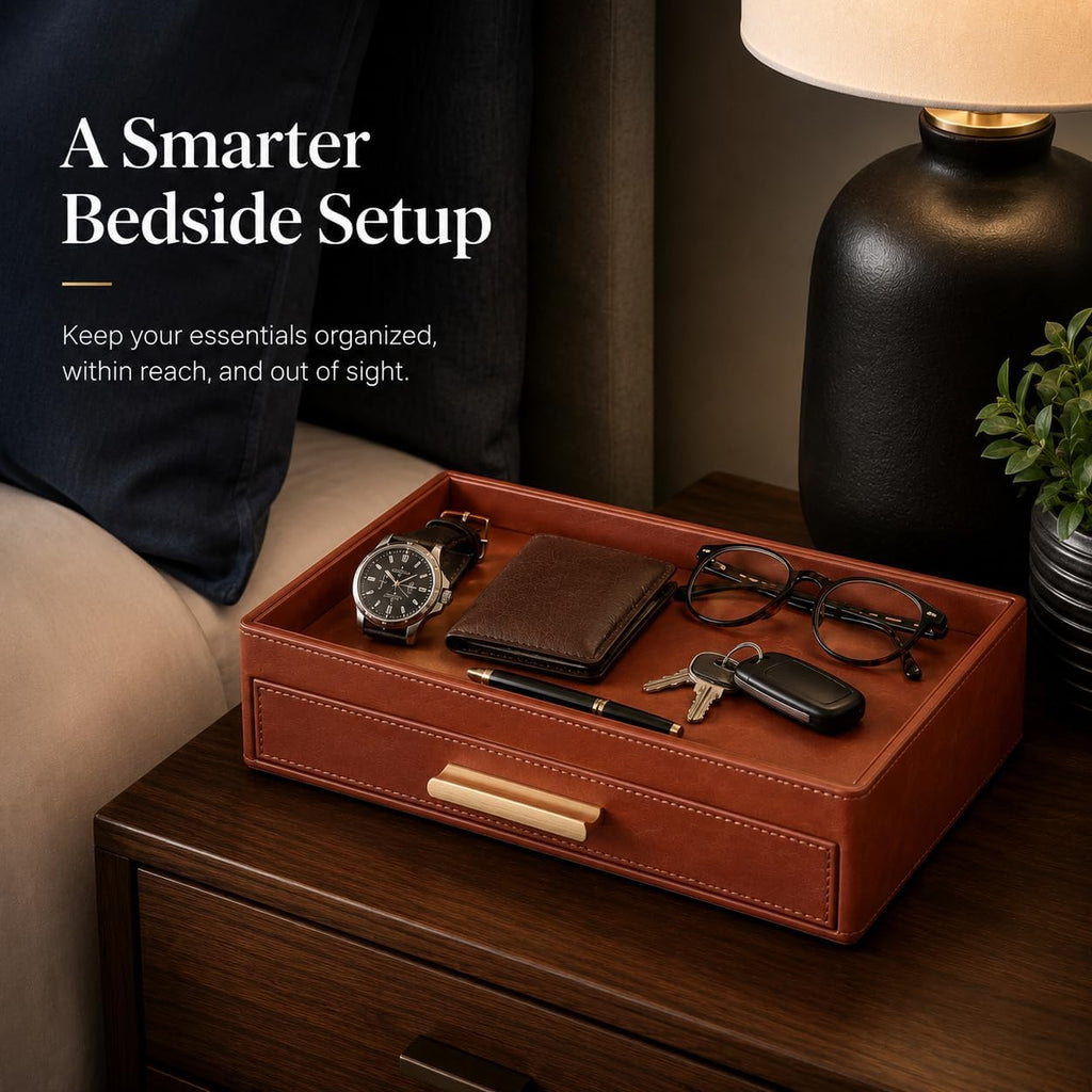 Leather Valet Tray with Drawer for Men, Nightstand Organizer, Brown