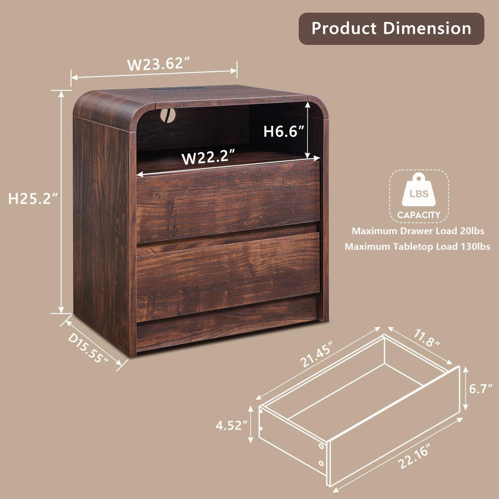 25" Tall Modern Nightstand with Charging Station, 23.6'' Wide Wood Bedside Table w/2 Storage Drawers, Large Mid