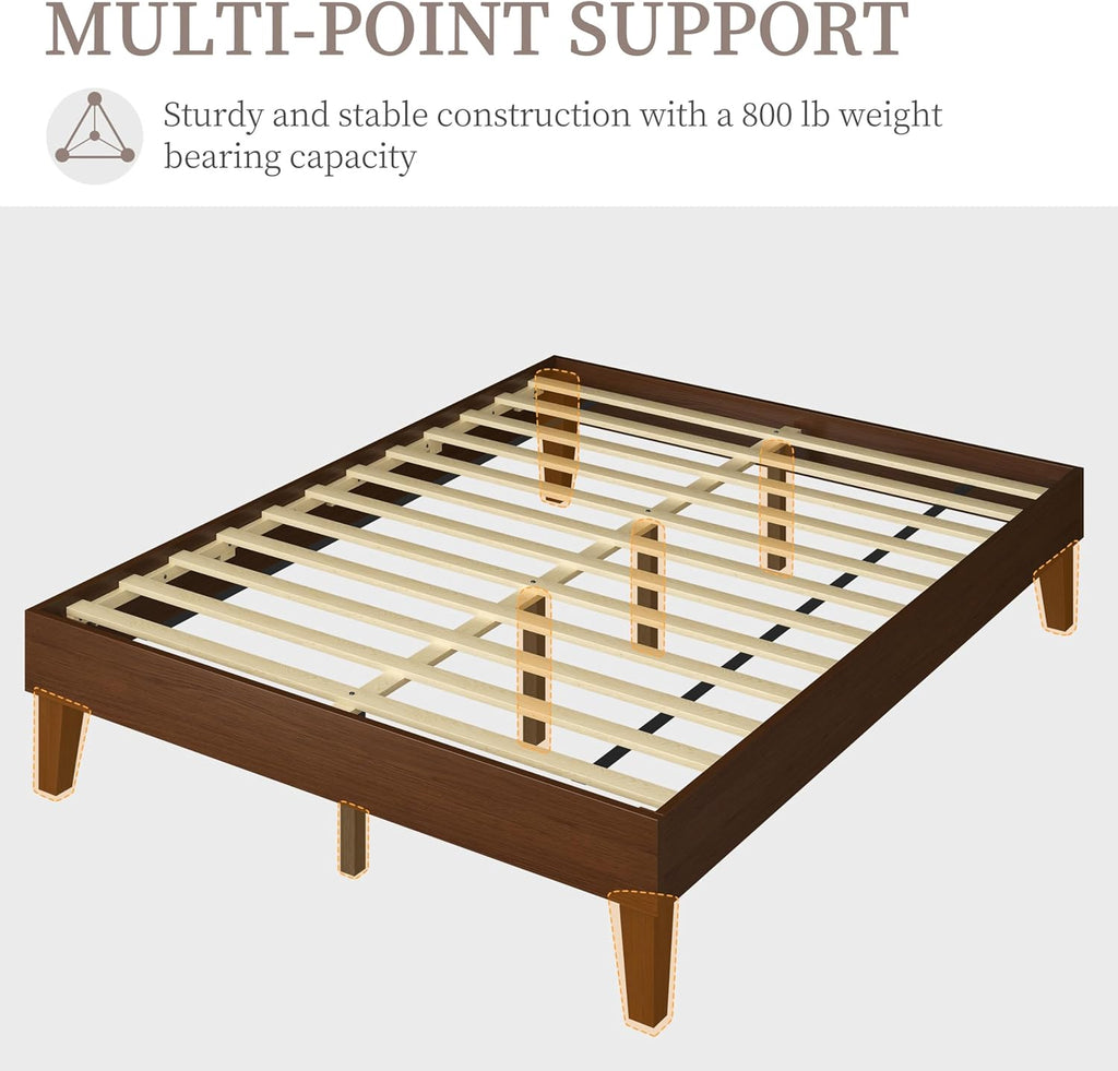 Queen Bed Frame Natural Solid Wood Platform Bed with Wooden Slats Support, 7.3-inch Underbed Space for Storage
