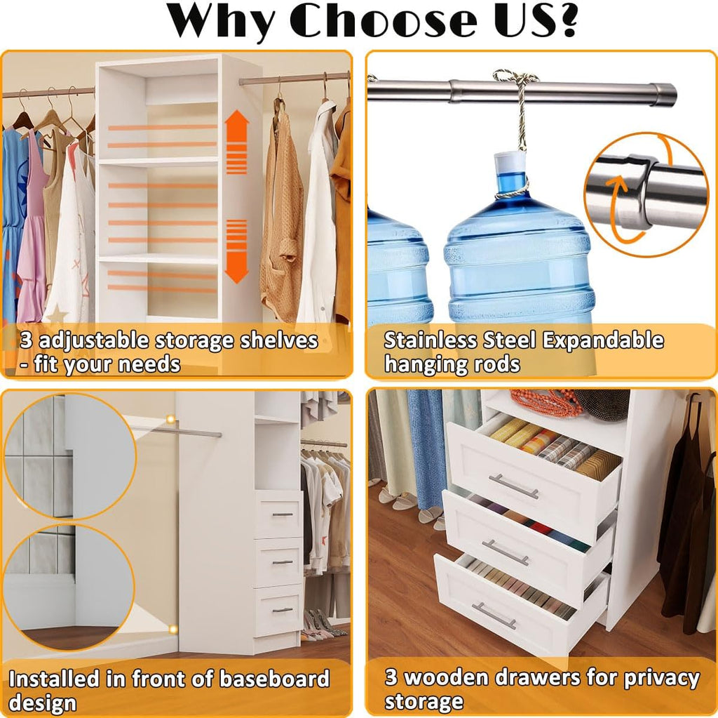 Closet Organizer System with Drawers, Wall Mounted 5FT-9FT White | 3 Wooden Storage Drawers, 4 Expandable Hanging