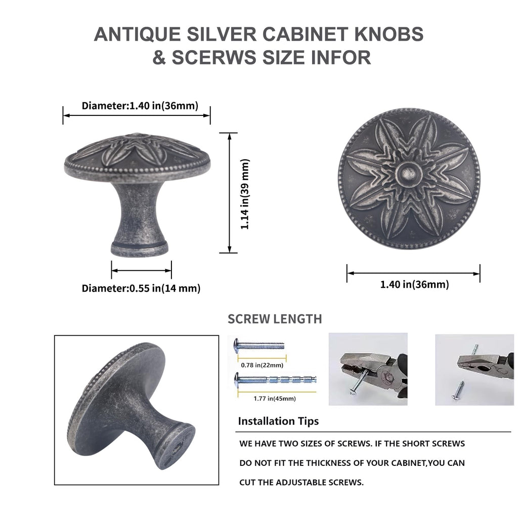 4 Pack Antique Silver Cabinet Knobs Vintage,1.4" Round Vintage Silver Kitchen Cabinet Handles for Cabinets and