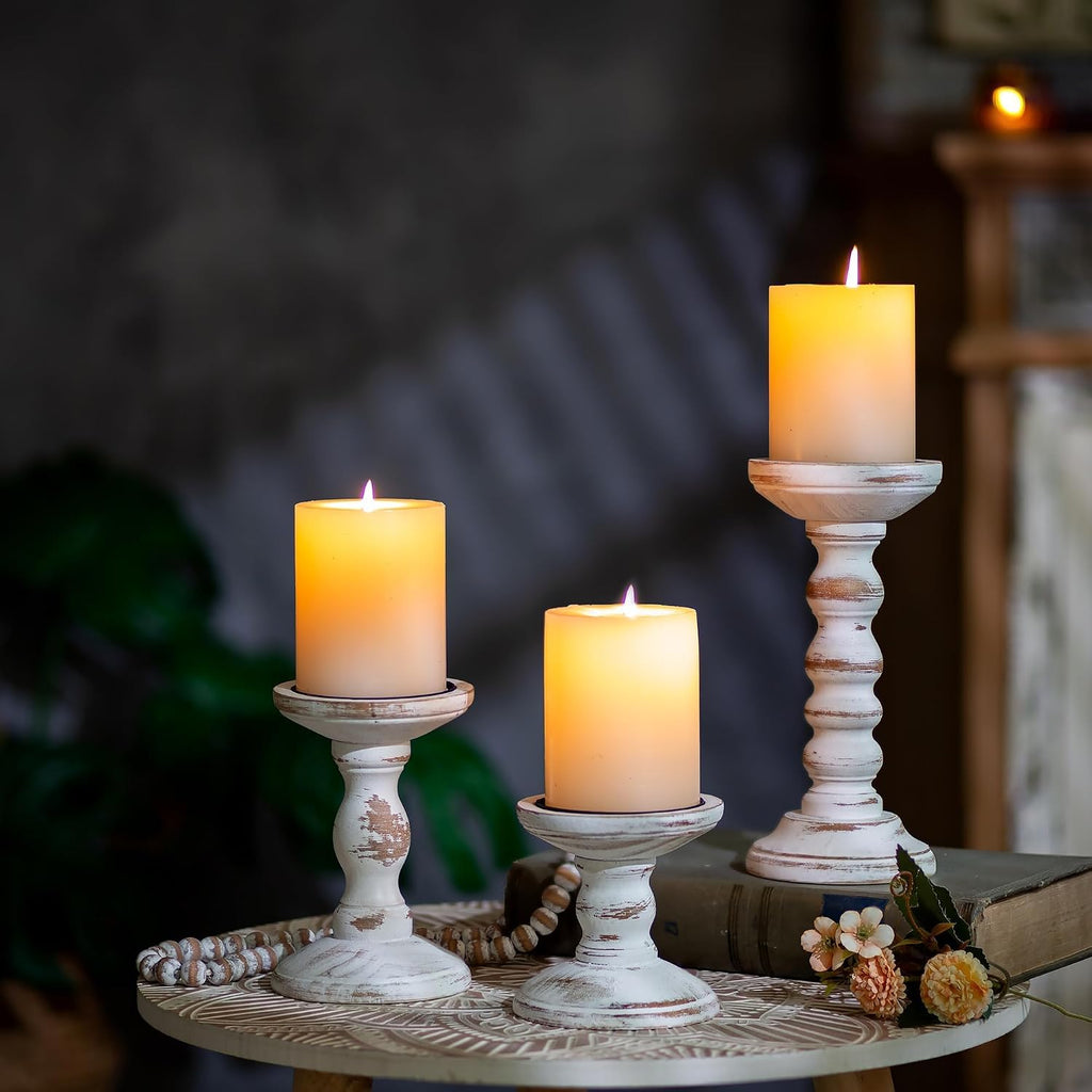 Wood Candle Holders for Pillar Candles - Set of 3 Tall Farmhouse Wooden Candlestick Holder, Rustic Candle Stand for