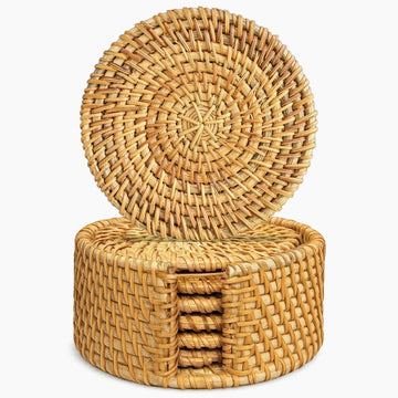 Set of 6PCS Handmade Rattan Coasters with Holder, Natural Wicker Boho Coasters, Heat-Resistant for Hot & Cold Drinks