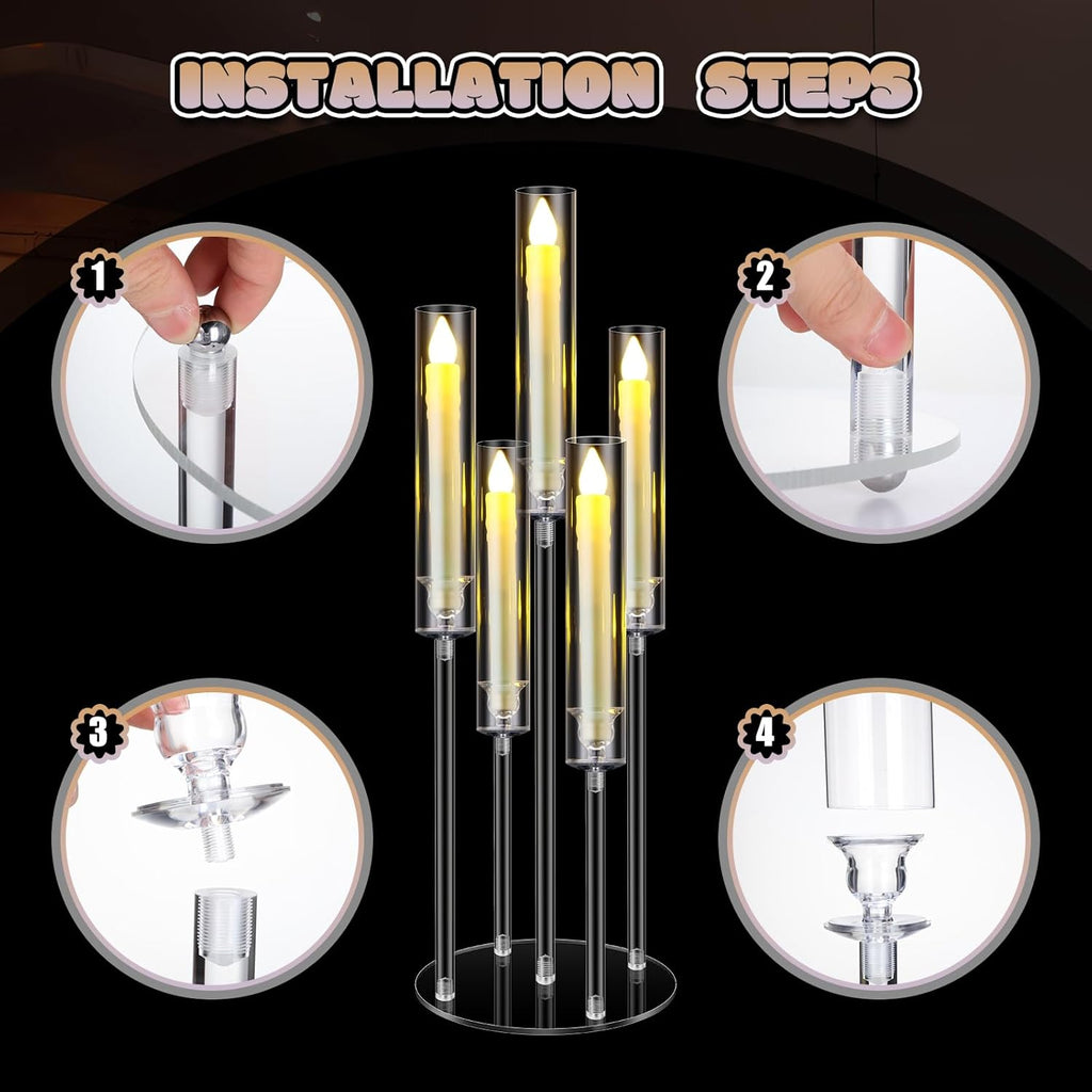 4 Sets 5 Arm Acrylic Candelabra Holderar Candle Centerpieces with LED Candles and Shade for Proposal Ceremony