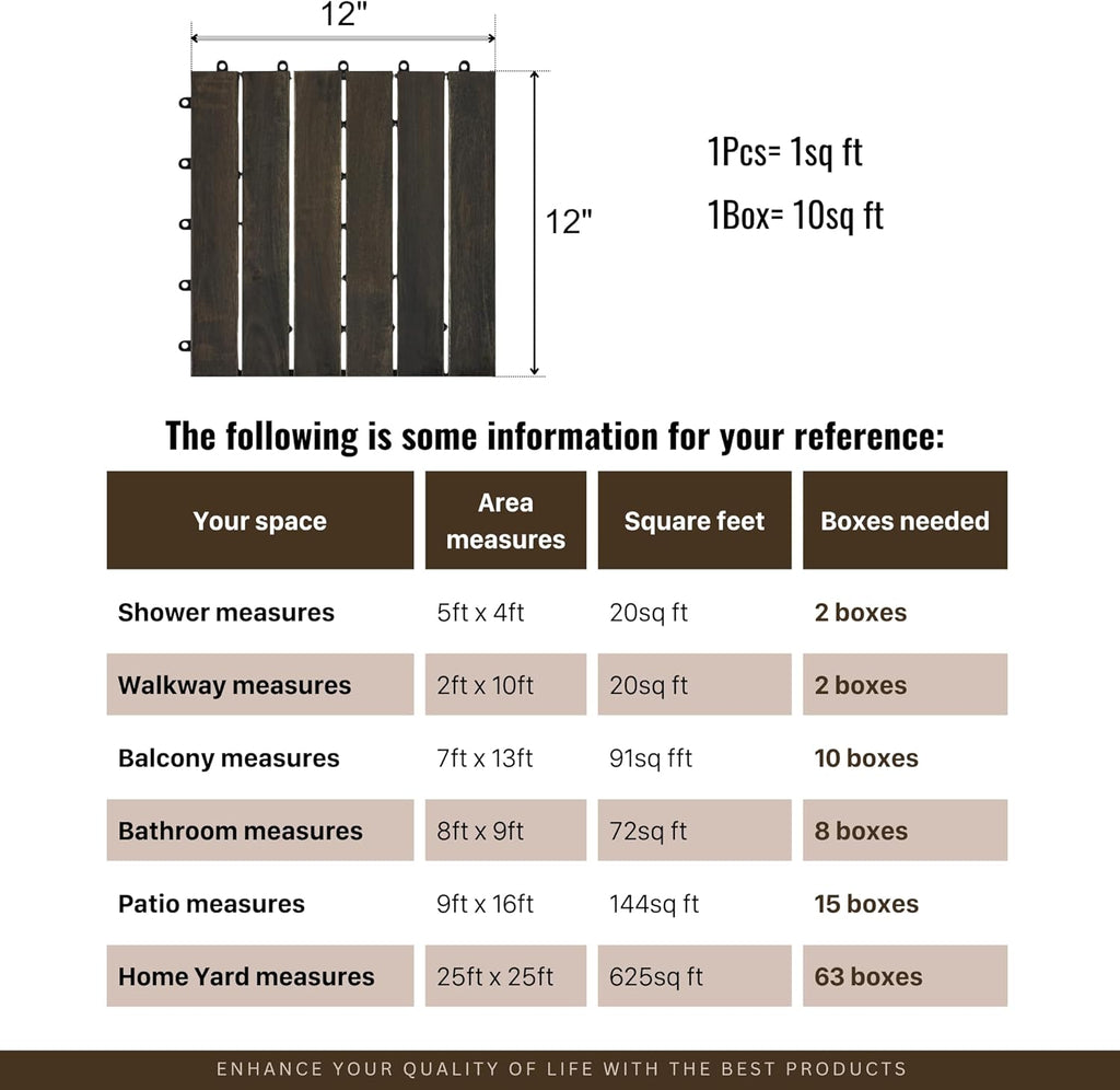10 Pack of Interlocking Deck Tiles Striped Pattern, 12" x 12" Dark Brown Square Acacia Hardwood Outdoor Flooring for