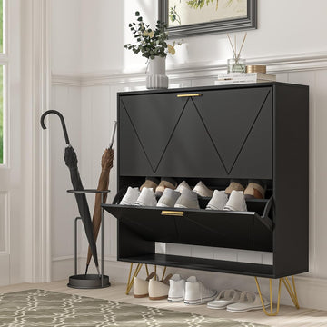 Shoe Cabinet with 2 Flip Drawers, Black Shoe Storage Cabinet, Slim Wooden Freestanding Shoe Rack, Shoe Organizer with