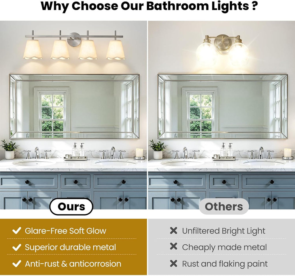 4-Light Bathroom Light Fixtures, Brushed Nickel Vanity Light,Modern Vanity Lights with Scalloped Linen Fabric Shade