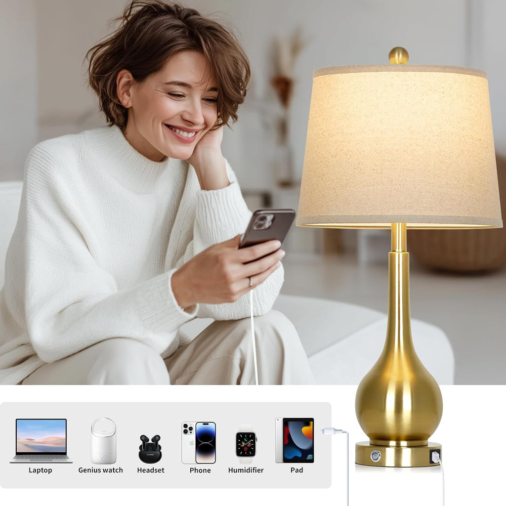 26" Gold Table Lamp Single, Touch Control Bedside Lamp, 3-Way Dimmable End Table Lamp with USB Charging Port (1 Pack)