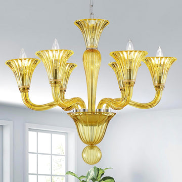 6 Light Crystal Chandelier, Modern Dining Room Light Fixture, Yellowish Green Crystal Pendant Light for Bedroom Livingroom, D24xW24xH22, E12 Socket