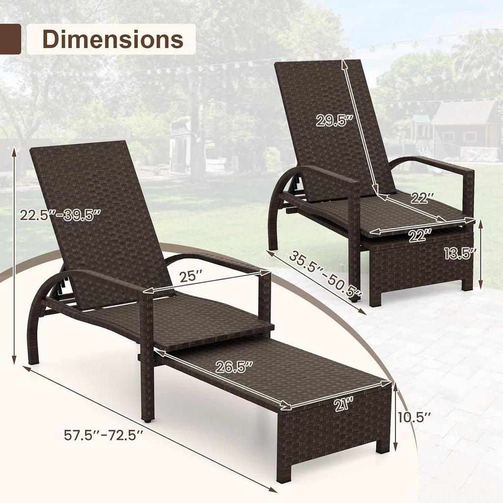 Outdoor Rattan Wicker Chaise Lounge Chair with 6-Position Backrest, Retractable Ottoman, Armrests, Patio Reclining