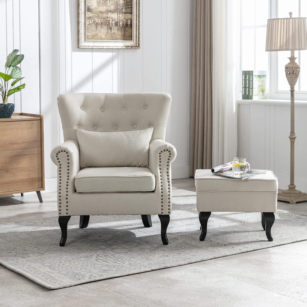 Accent Reading Arm Chairs with Ottoman Bedroom, Midcentury Modern Comfy Corner Sofa Chair, Wingback Waiting Room Club