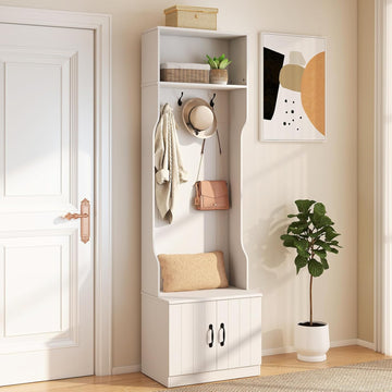3-in-1 Hall Tree with Bench and Shoe Storage, 23.5" Tall Coat Rack with Adjustable Shelves, 4 Hanging Hooks, 2-Door