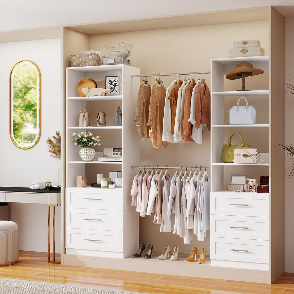 Closet System with 3 Drawers and Shelves, 81" Wood Closet Organizer System, 2FT Modular Closet System for Walk in