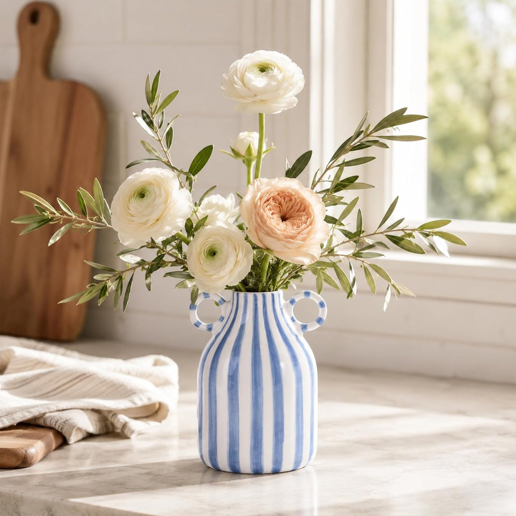 Blue and White Ceramic Vase with Handle, Nordic Boho Small Vases Side Table Flower Centerpiece, Wide Mouth Single