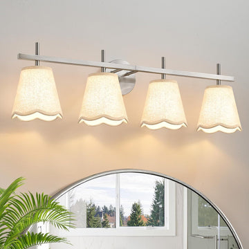 4-Light Bathroom Light Fixtures, Brushed Nickel Vanity Light,Modern Vanity Lights with Scalloped Linen Fabric Shade
