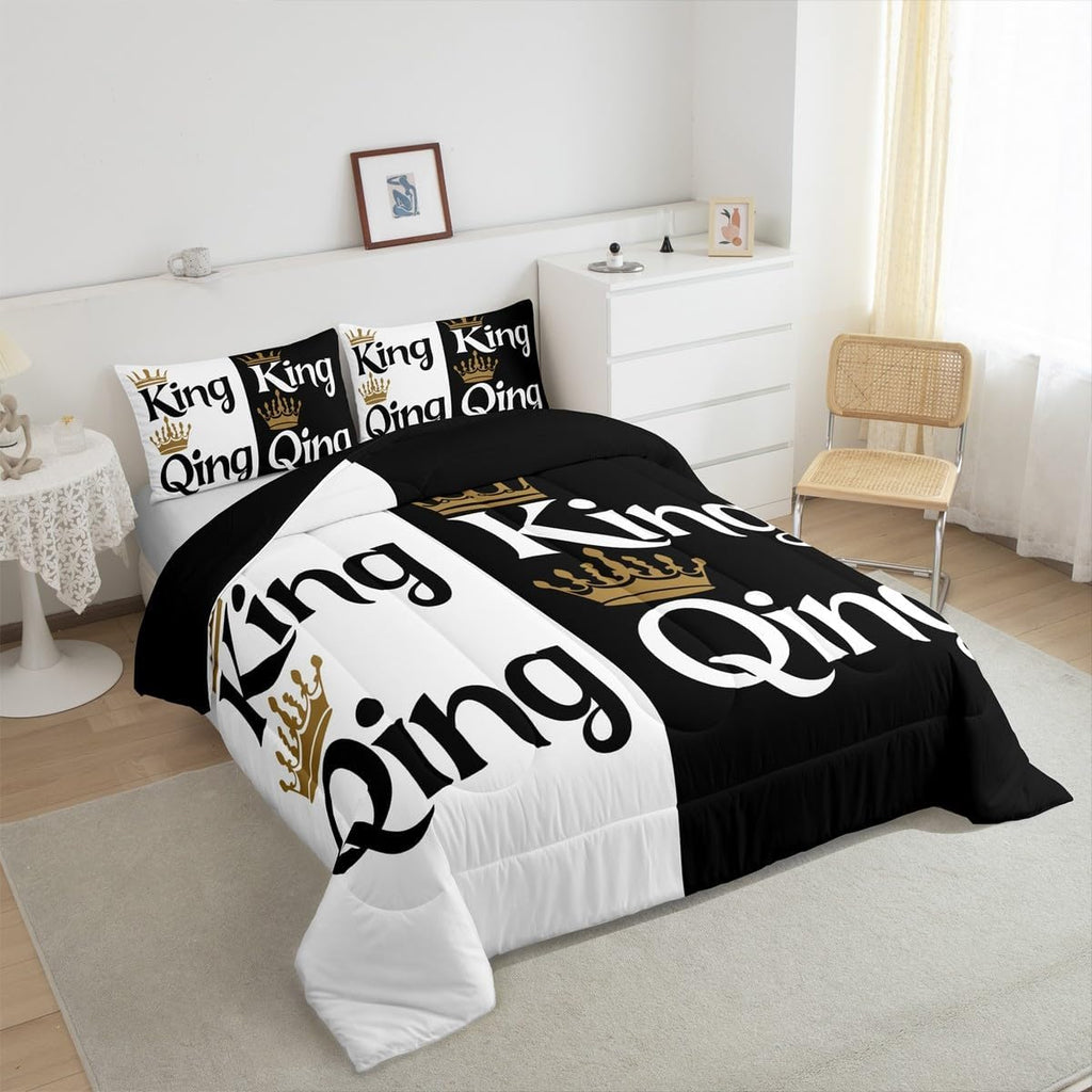 King and Queen Crown Comforter Set Black White Couple Bedding Set for Adult Women Men,His Her Mr Mrs Quilt