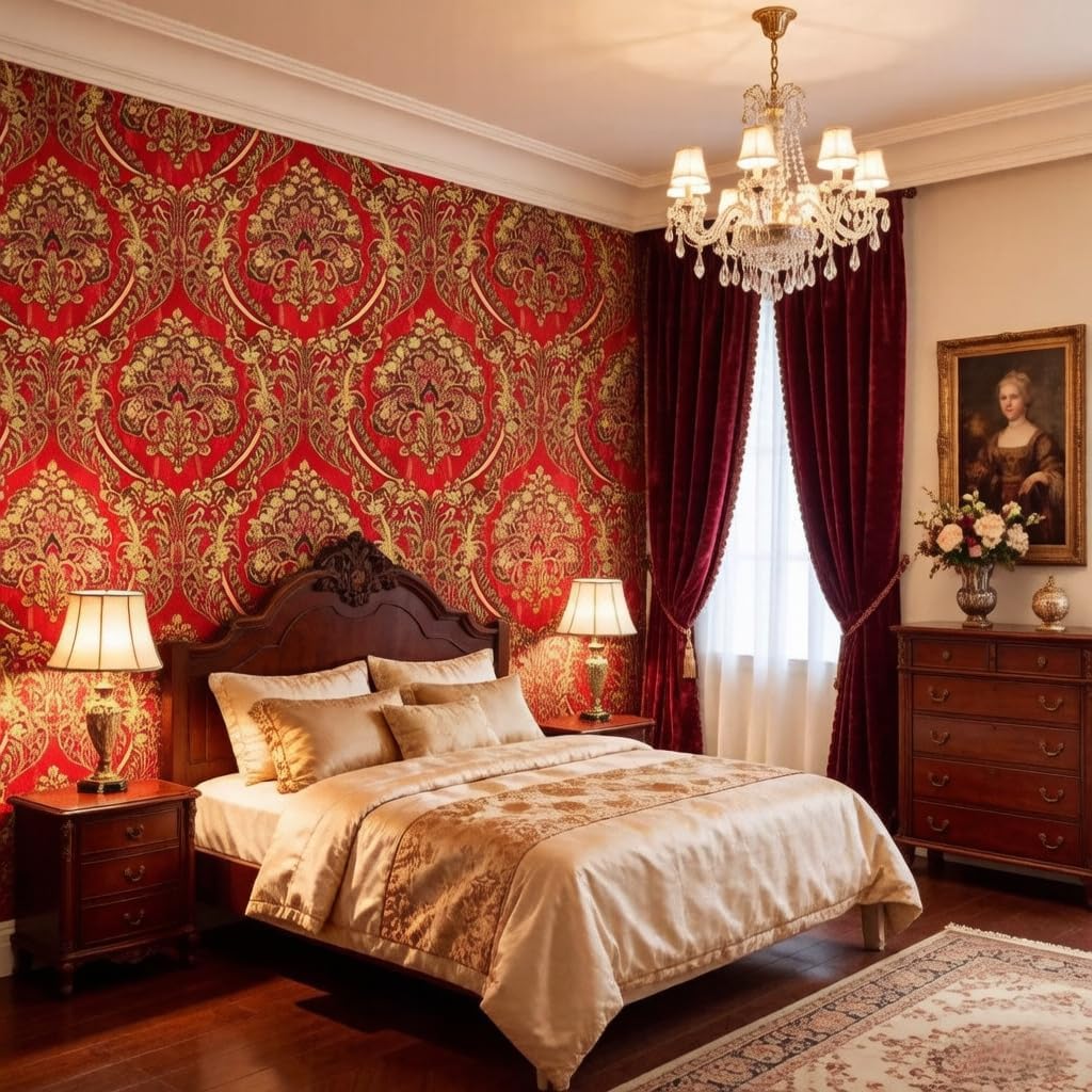 10X0.53M Retro Vintage Gold Damask Waterproof Deep Embossed Textured PVC Wallpaper Roll Livingroom 1.73' W x 32.8'