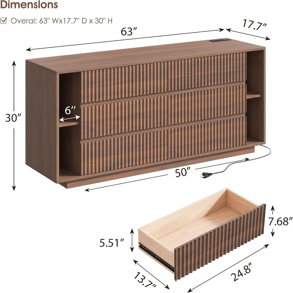63 Inch Fluted 6 Drawers Dresser with Shelves, Walnut | Large Chest of Drawers , Mid Century Modern, Wood Closet