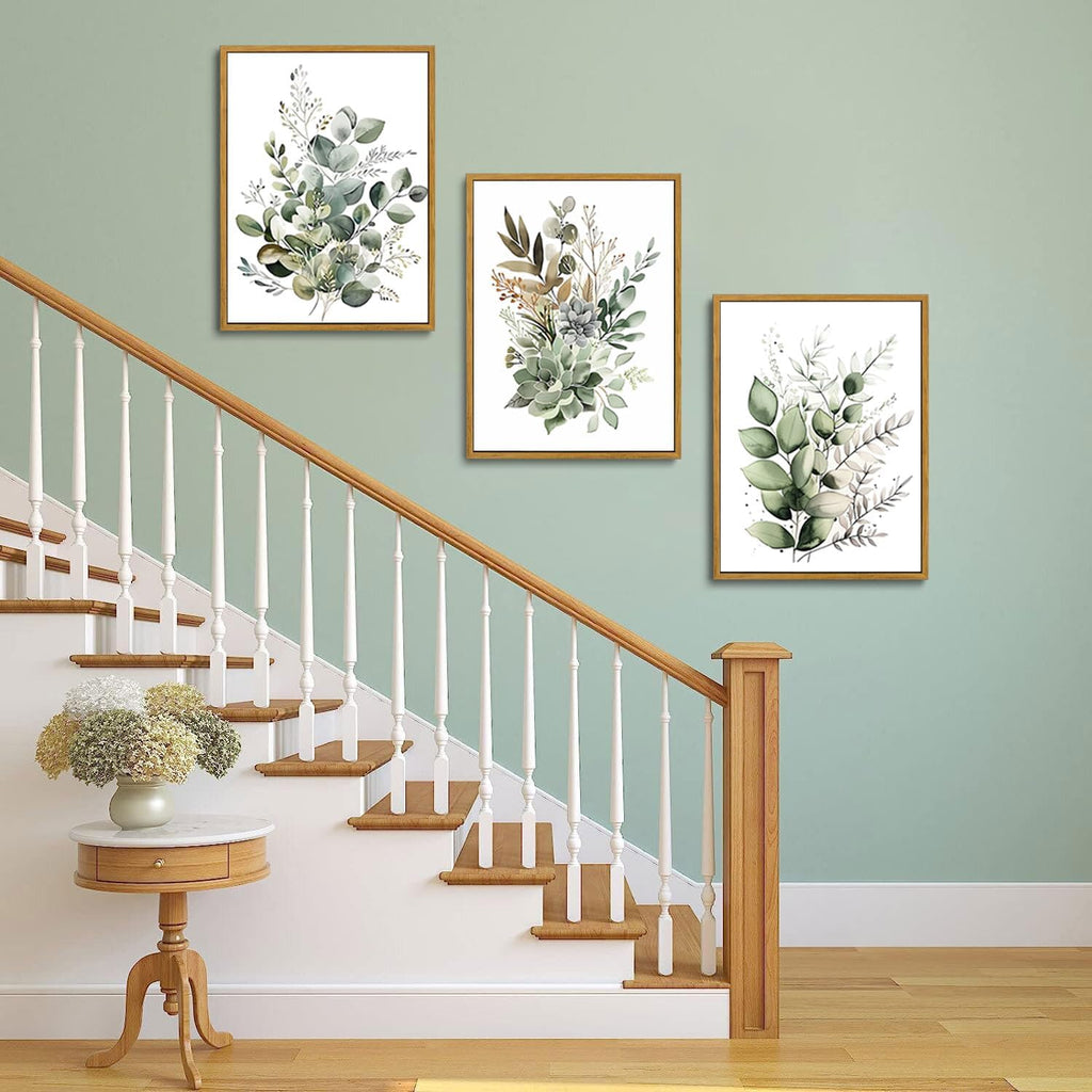Botanical Wall Art Plant Floral Watercolor Poster Canvas Prints Set of 3 Framed Sage Green Painting Eucalyptus Leaf