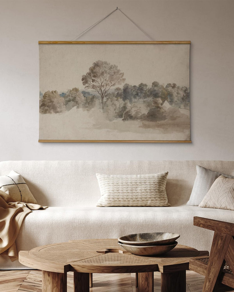 Extra Large Size Canvas Wall Art, 36x54 Vintage Scroll Hanging Landscape Print, Rustic Watercolor Countryside Scene