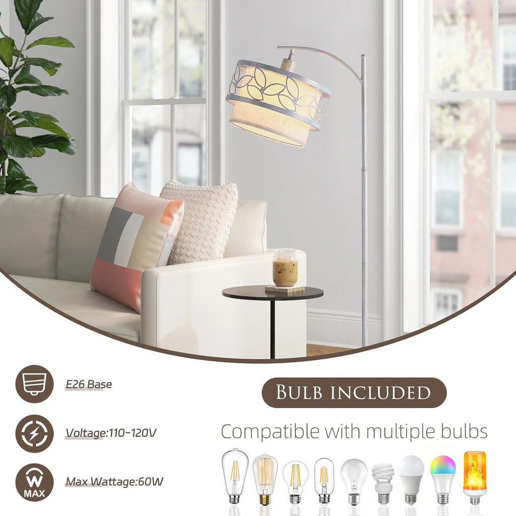 66.1" Gold Accent Floor Lamp with Floral Metal Shade & Linen Inner Shade, Farmhouse Standing Lamp Bedroom Office
