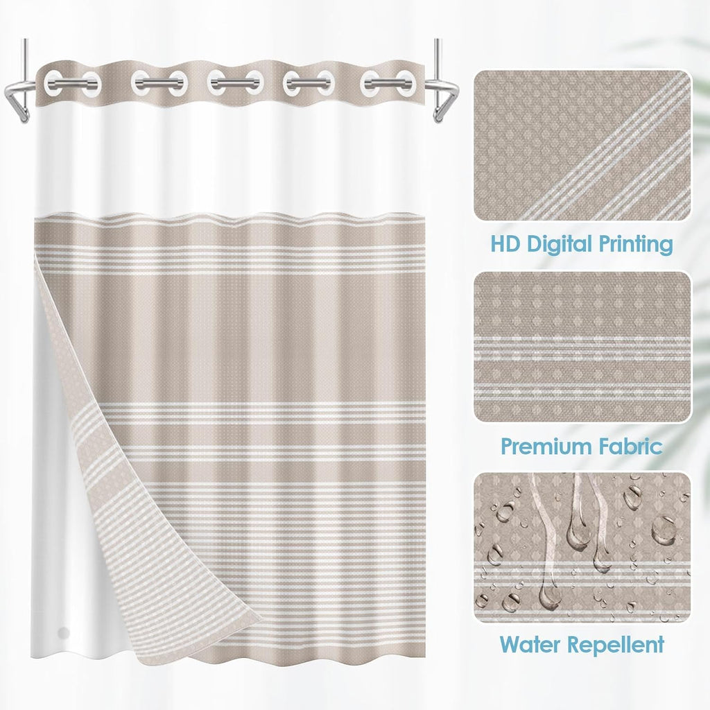 No Hook Shower Curtain with Snap in Fabric Liner Set, Striped Beige Waffle Weave Ombre Heavy Duty Bathroom Curtain