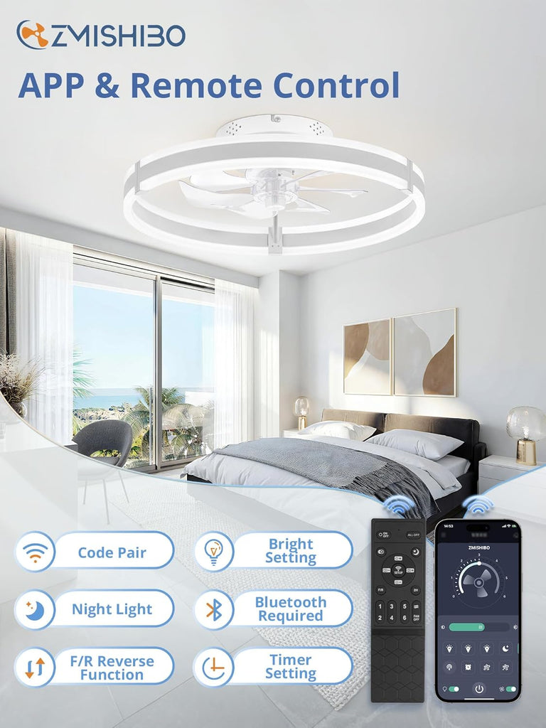 Ceiling Fans with Lights and Remote, 19.7'' Low Profile Ceiling Fan, 3000-6000K Dimmable Modern Flush Mount LED Fan Light, 6 Wind Speeds, White Fandelier Ceiling Fans for Bedroom
