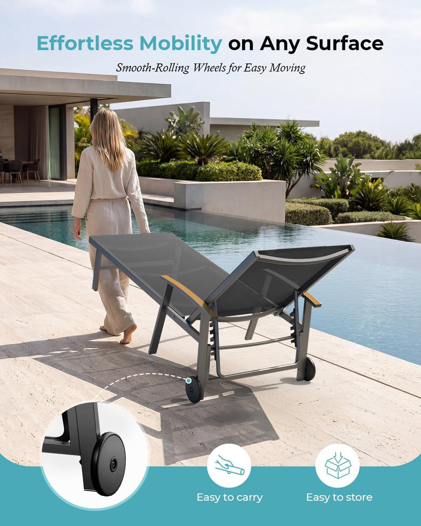 Outdoor Lounge Chair with Pillow, 5-Position Aluminum Chaise Lounge with Wheels & Armrests, 400 lbs Heavy Duty Patio