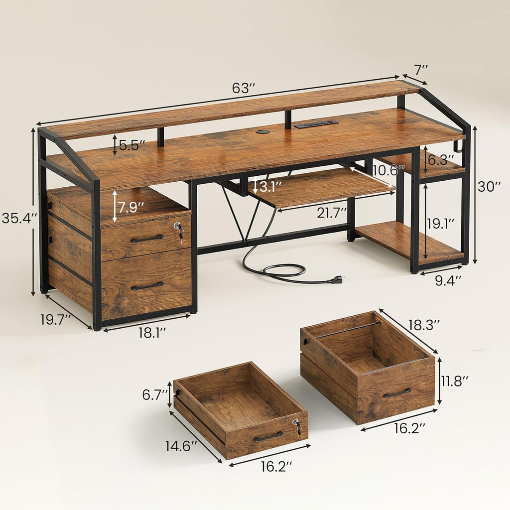 63" Computer Desk, Office Desk with Lock Drawers for Legal/Letter File, Gaming Desk with LED Light & Power Outlet