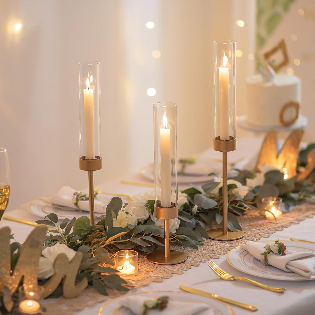 Glass Hurricane Candlestick Holders Gold - 18 PCS Taper Candle Holder Bulk Tall Clear Glass Cylinder Table
